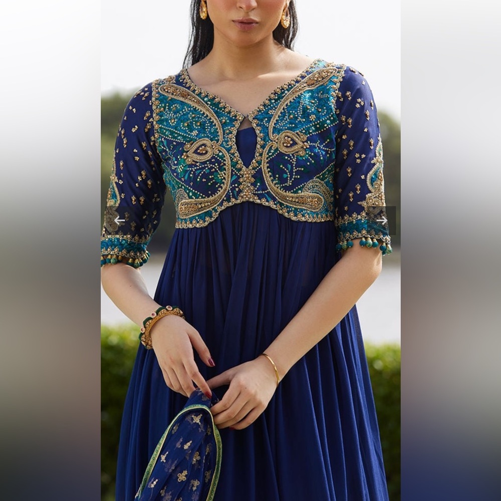 Women's Navy Blue Embroidered Anarkali Dress - Picture 2 of 10